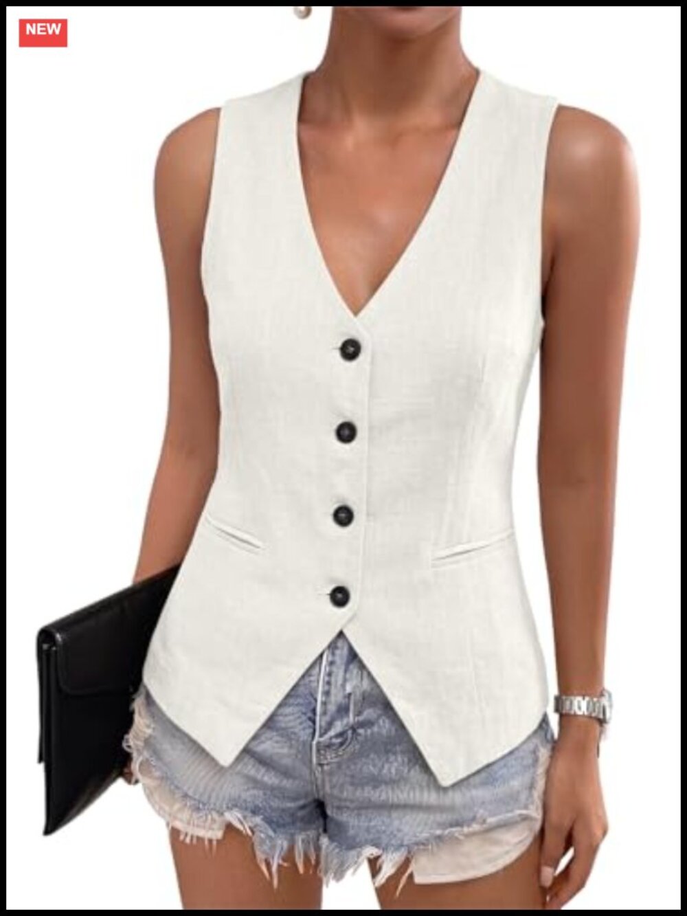 Women's Lined Suit Vest Button-Down Sleeveless Slim Fit Cropped Blazer